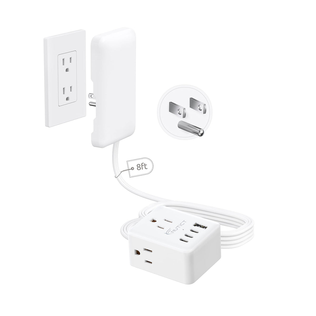 NUTICT 8ft extension cord with flat plug ideal for tight spaces behind furniture.