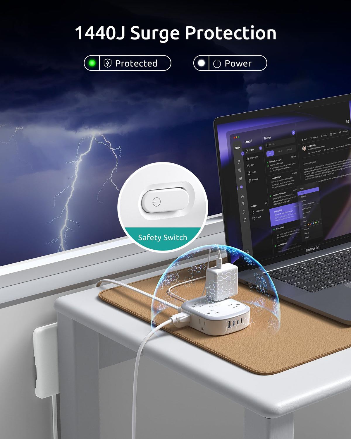 Nutict desk-mount ready power strip keeps cords out of sight.