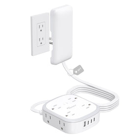 NUTICT flat-plug power strip with eight outlets and USB ports for clutter-free charging.