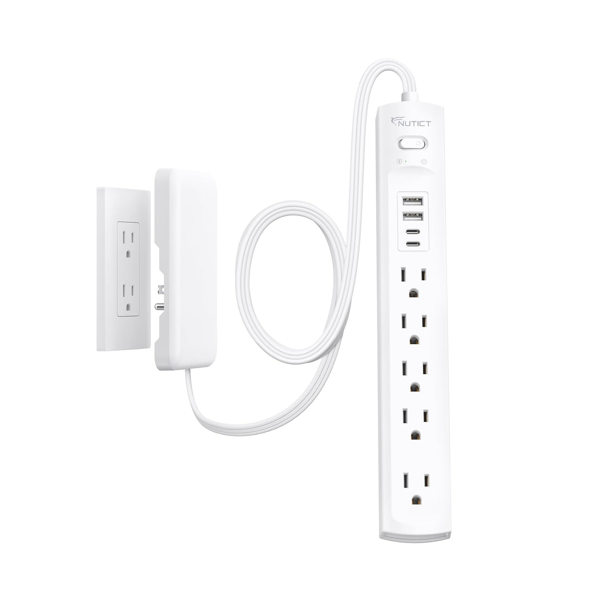 NUTICT flat plug power strip behind furniture showing tidy cords and convenient charging