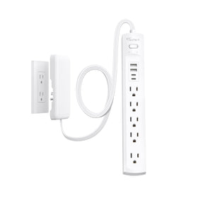 NUTICT flat plug power strip behind furniture showing tidy cords and convenient charging