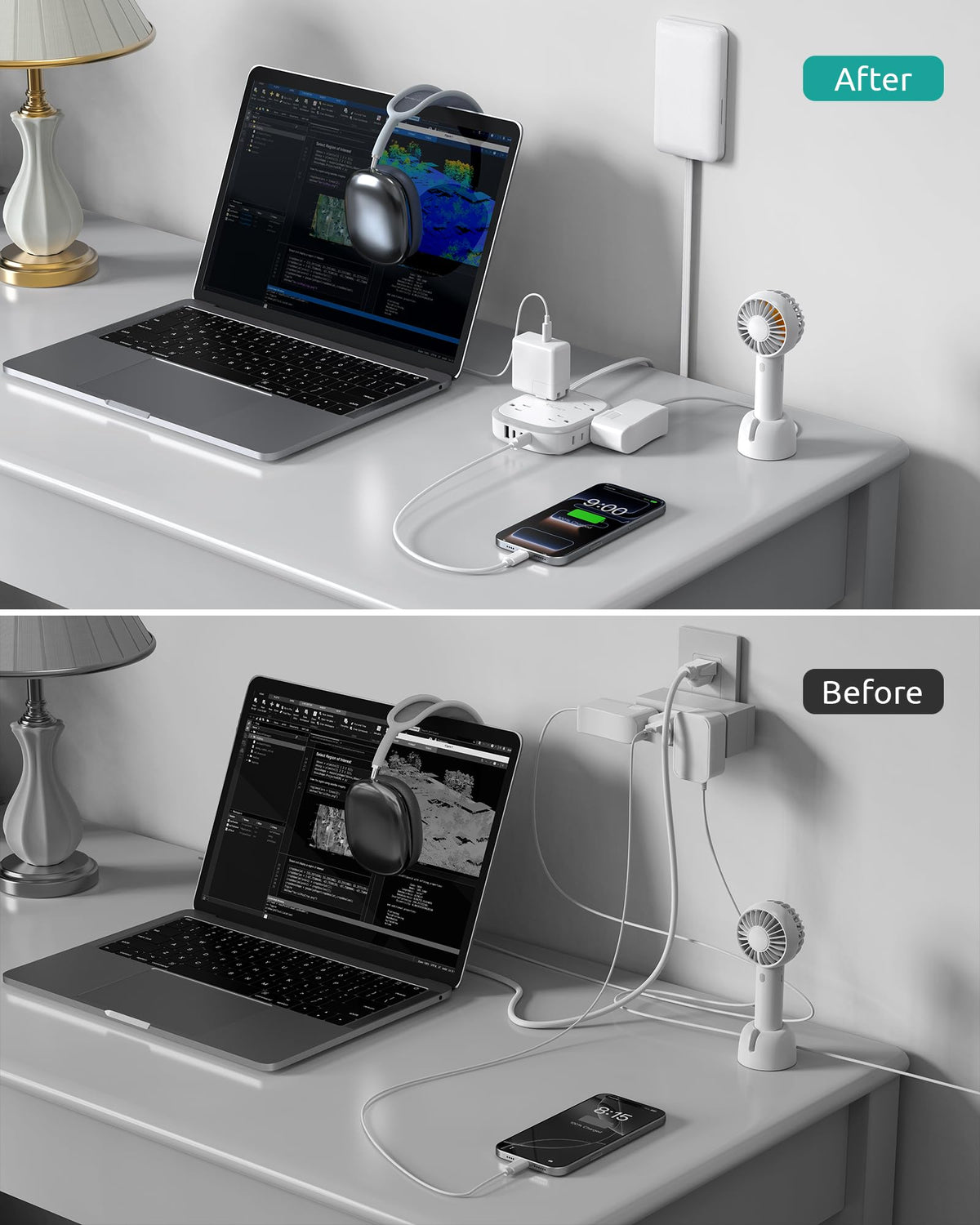 Nutict flat-plug power strip fits tight spaces and mounts on walls.