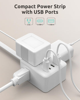 NUTICT flat-plug power strip wall-mount shows tidy setup with easy access.