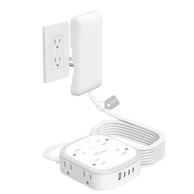NUTICT front view flat plug power strip showing 8 outlets and USB ports for organized power