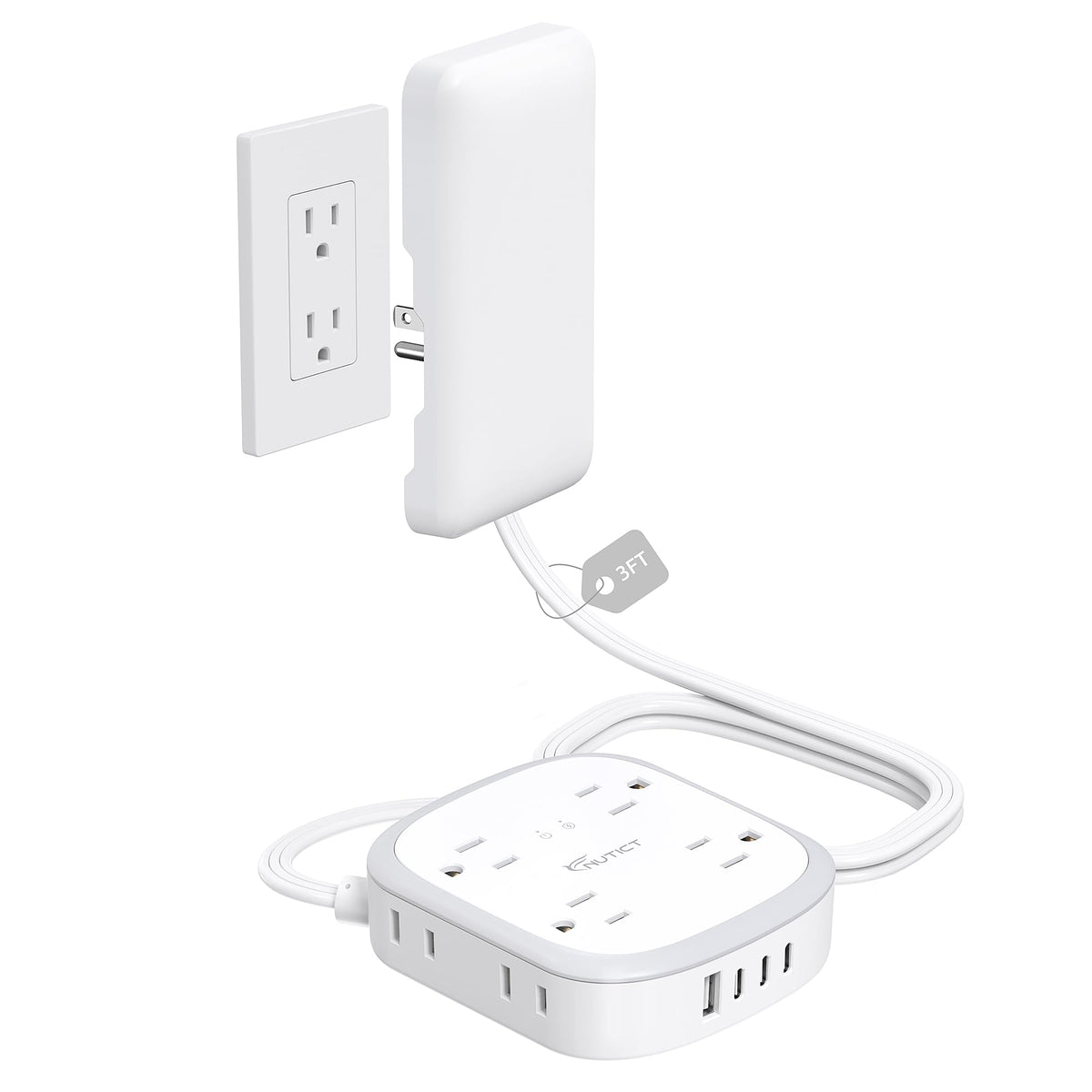 Nutict outlet cover extension cord hides wall plugs for a tidy desk.
