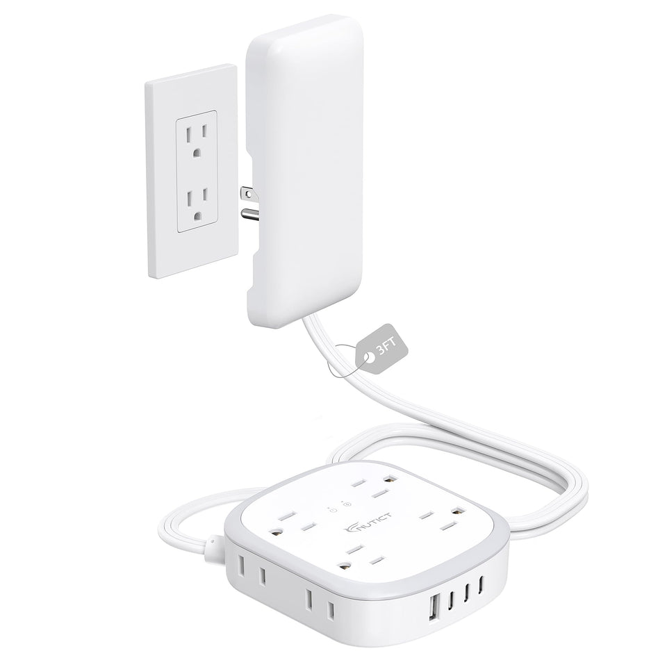Nutict outlet cover extension cord hides wall plugs for a tidy desk.