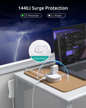 NUTICT 1440 joules surge protector guards electronics against power spikes.