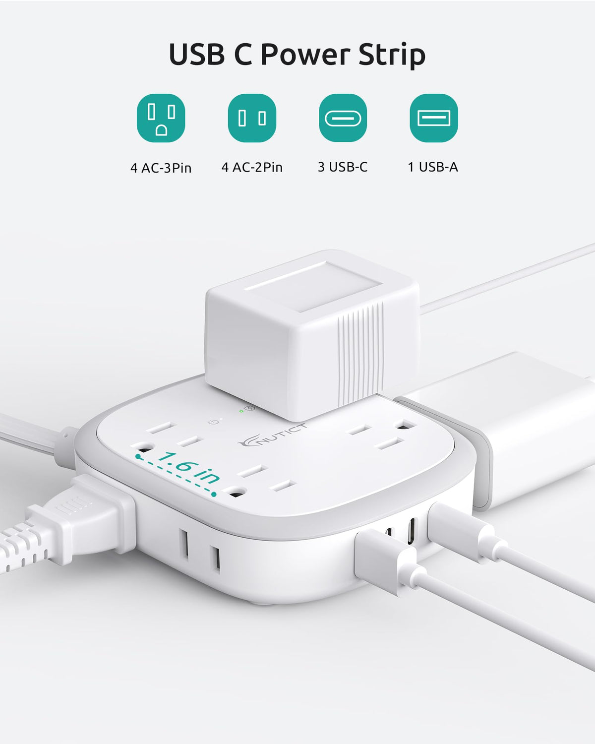 NUTICT USB ports detail with USB‑C and USB‑A for charging multiple devices