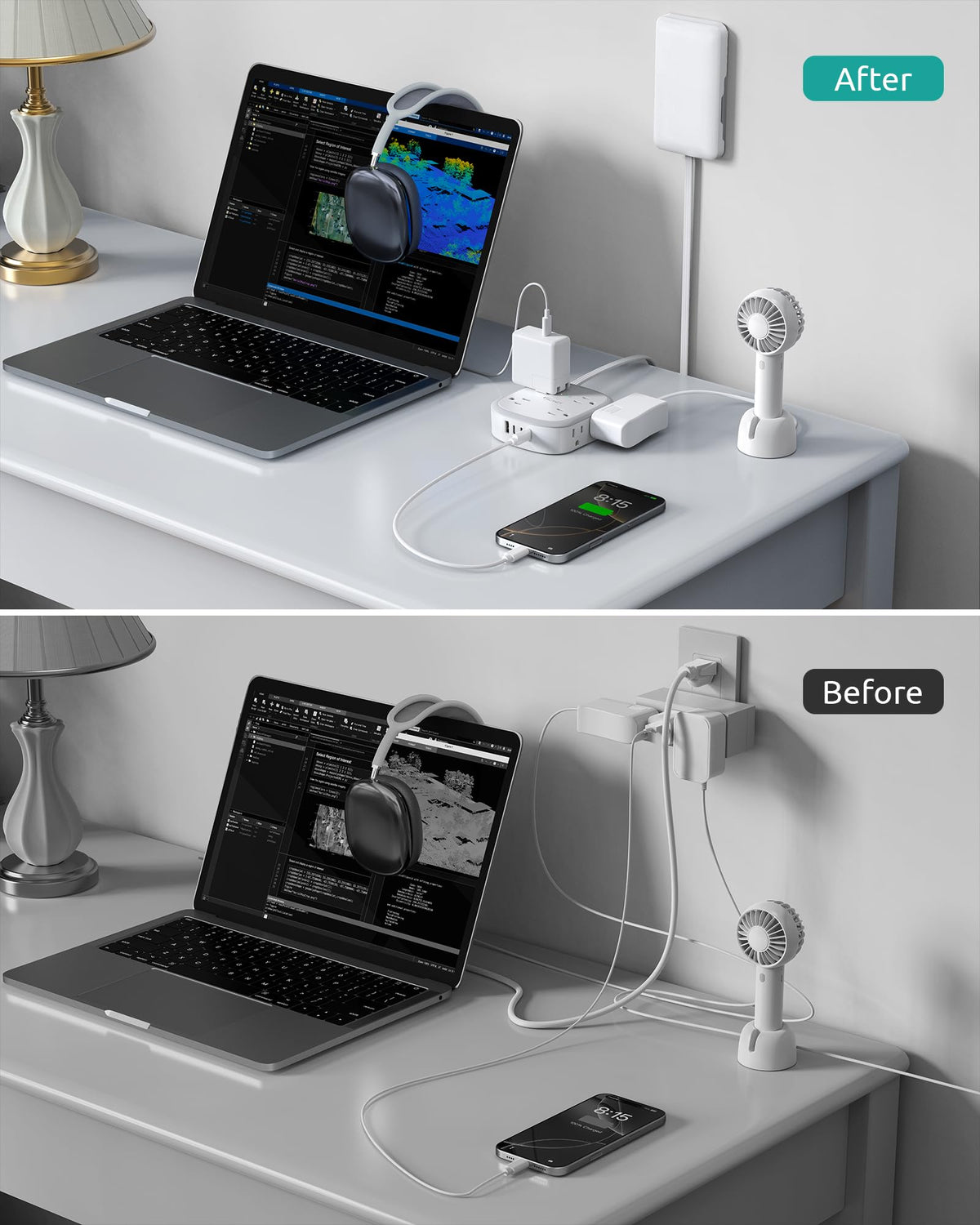 Nutict white indoor power strip fits visible areas like nightstands.