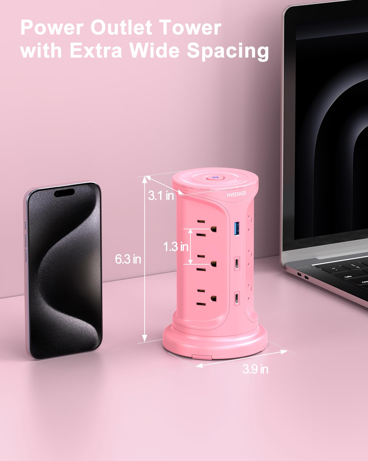 NVEESHOX cable length scale showing 6.5-foot cord for flexible placement and reach