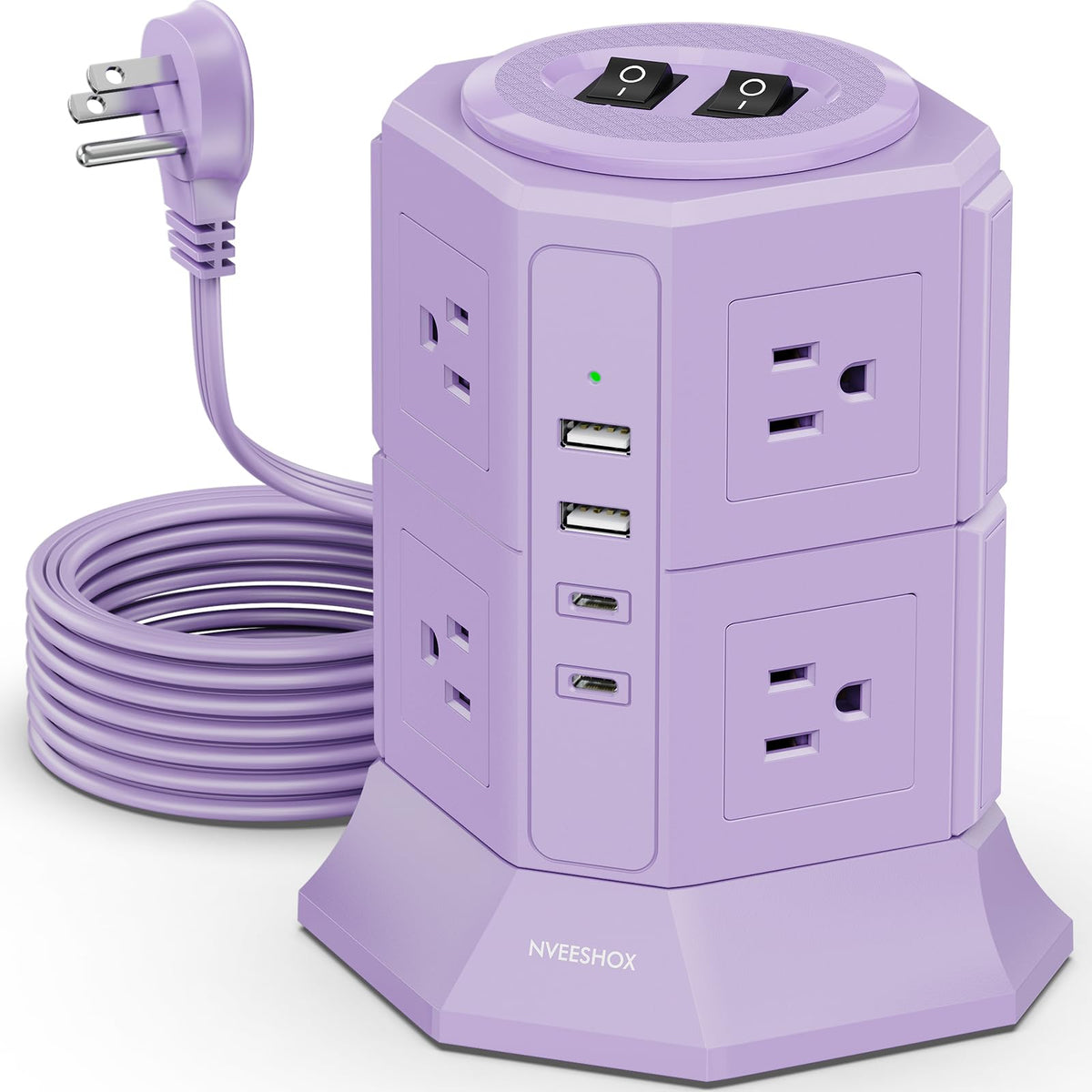 NVEESHOX front view of tower showing eight outlets and four USB ports for organized charging