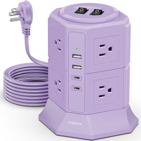 NVEESHOX front view of tower showing eight outlets and four USB ports for organized charging