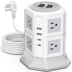 NVEESHOX front tower showing outlets and USB ports for tidy charging
