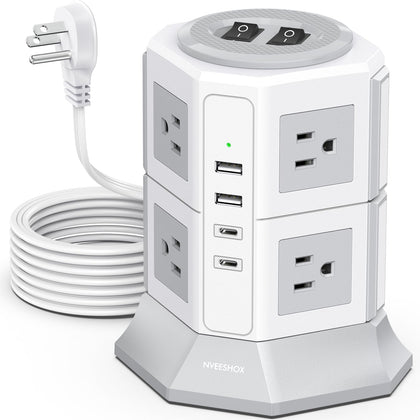 NVEESHOX front tower showing outlets and USB ports for tidy charging