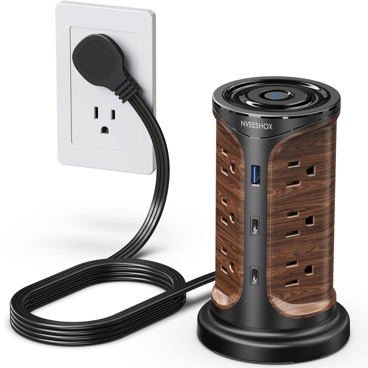 NVEESHOX front view of tower showing 12 outlets and USB ports for organized charging