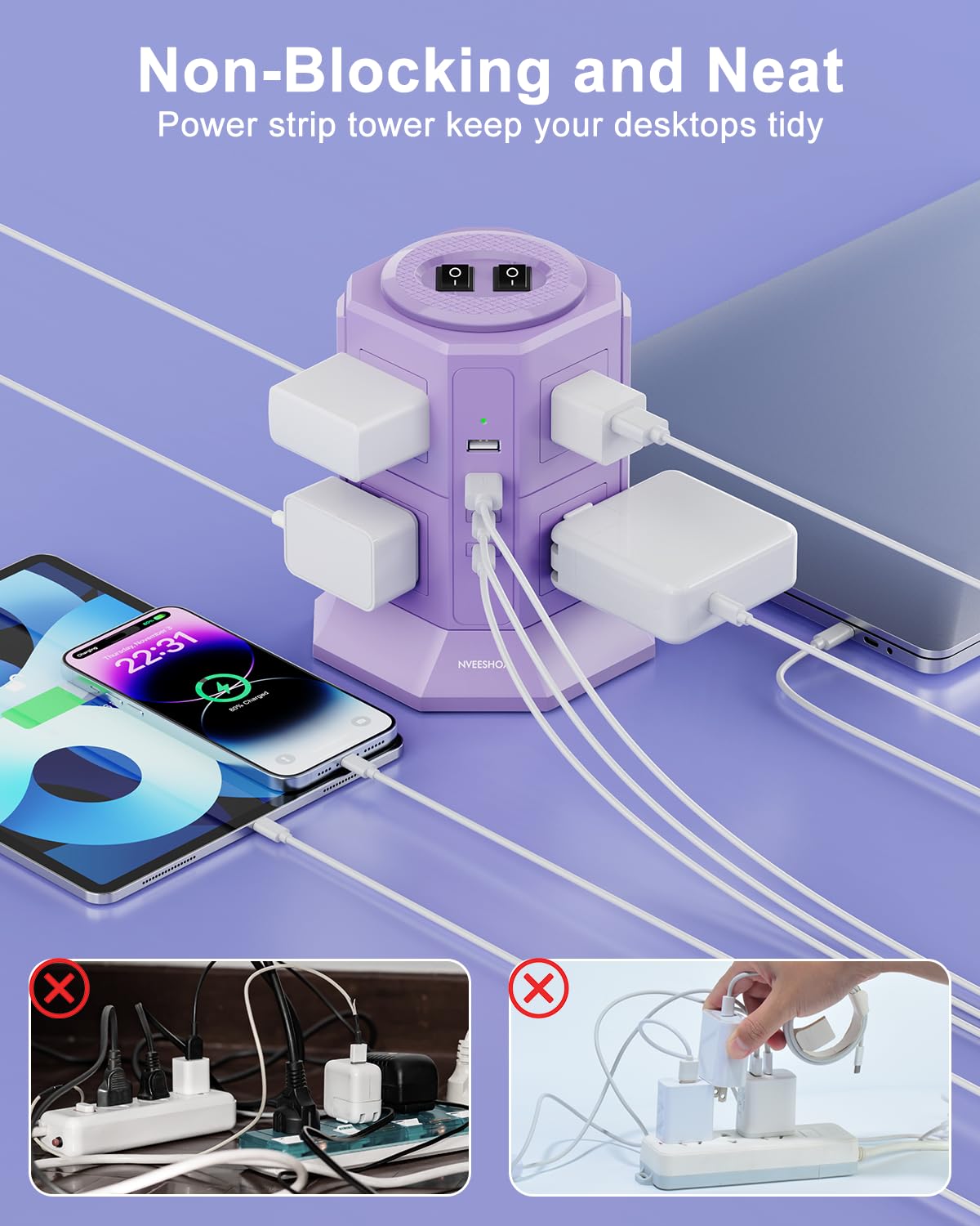 NVEESHOX tower on a home office desk powering laptop, phone, and accessories neatly