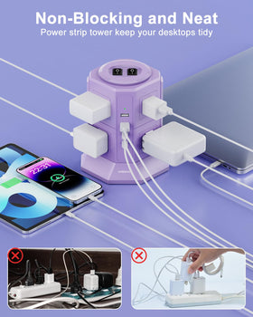 NVEESHOX tower on a home office desk powering laptop, phone, and accessories neatly
