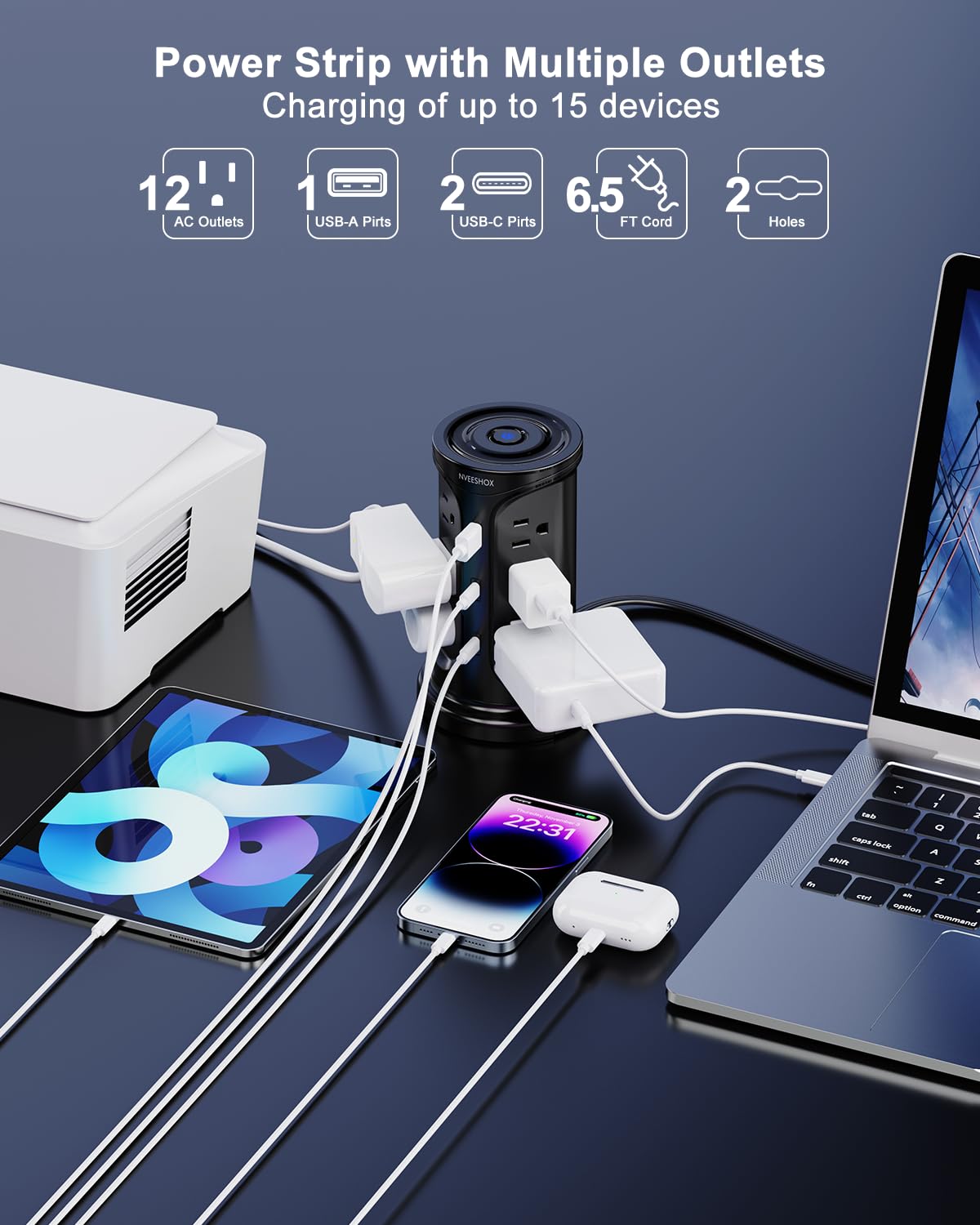 NVEESHOX ultra-flat plug and 6.5ft flat cord closeup, hides behind furniture