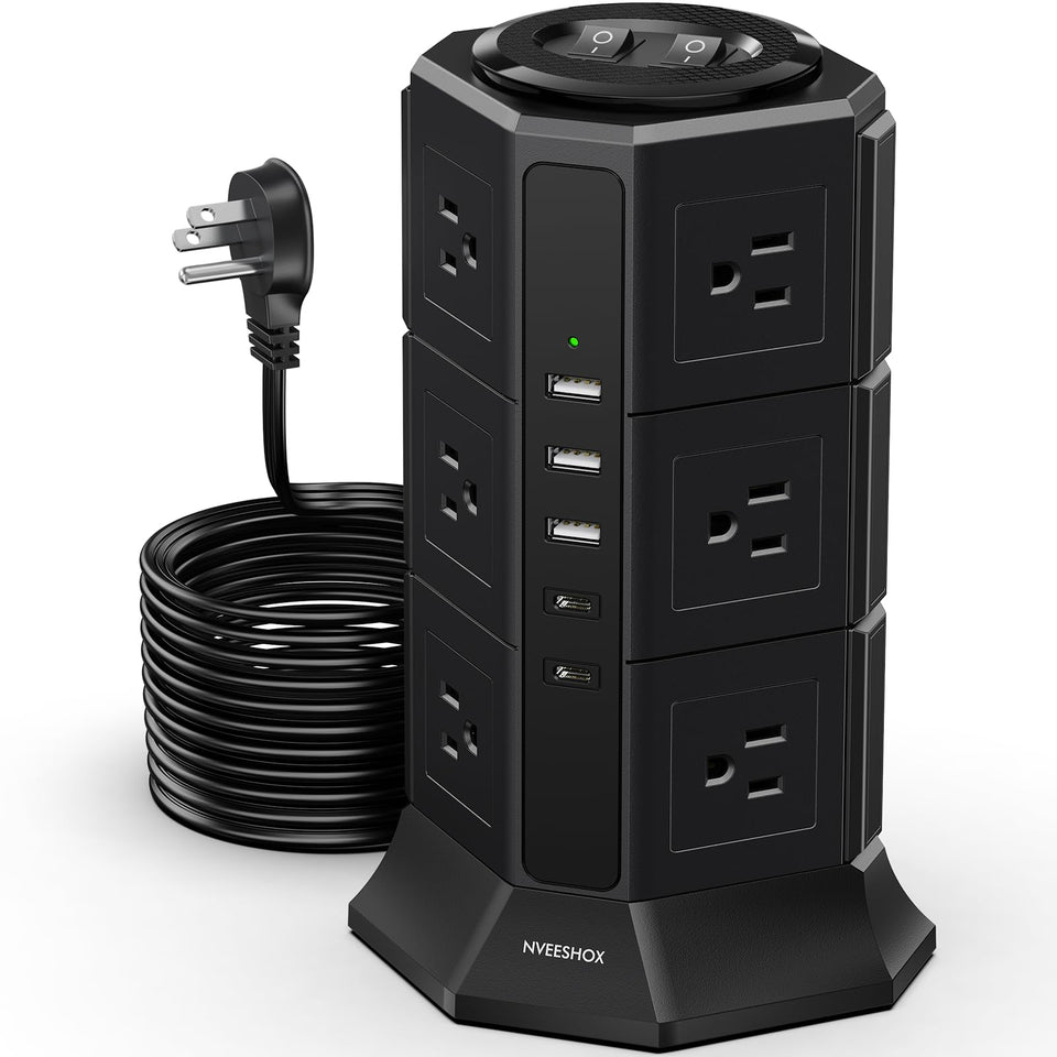 NVEESHOX front view of power strip tower showing all outlets and ports for organized charging
