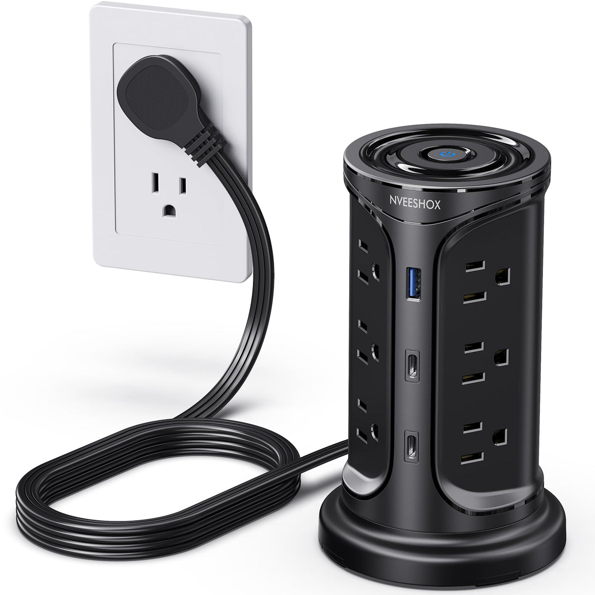NVEESHOX front view showing 12 outlets and 3 USB ports, tidy power solution