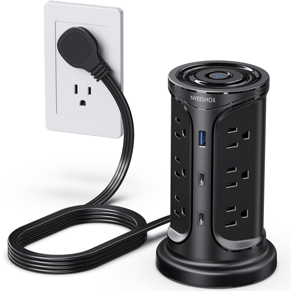 NVEESHOX front view showing 12 outlets and 3 USB ports, tidy power solution