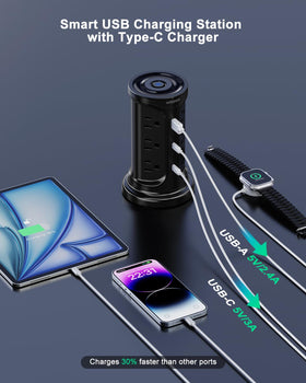 NVEESHOX top-down showing widely spaced AC outlets, fits large adapters