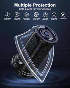 NVEESHOX USB‑C and USB‑A ports closeup with labeling, smart charging benefit
