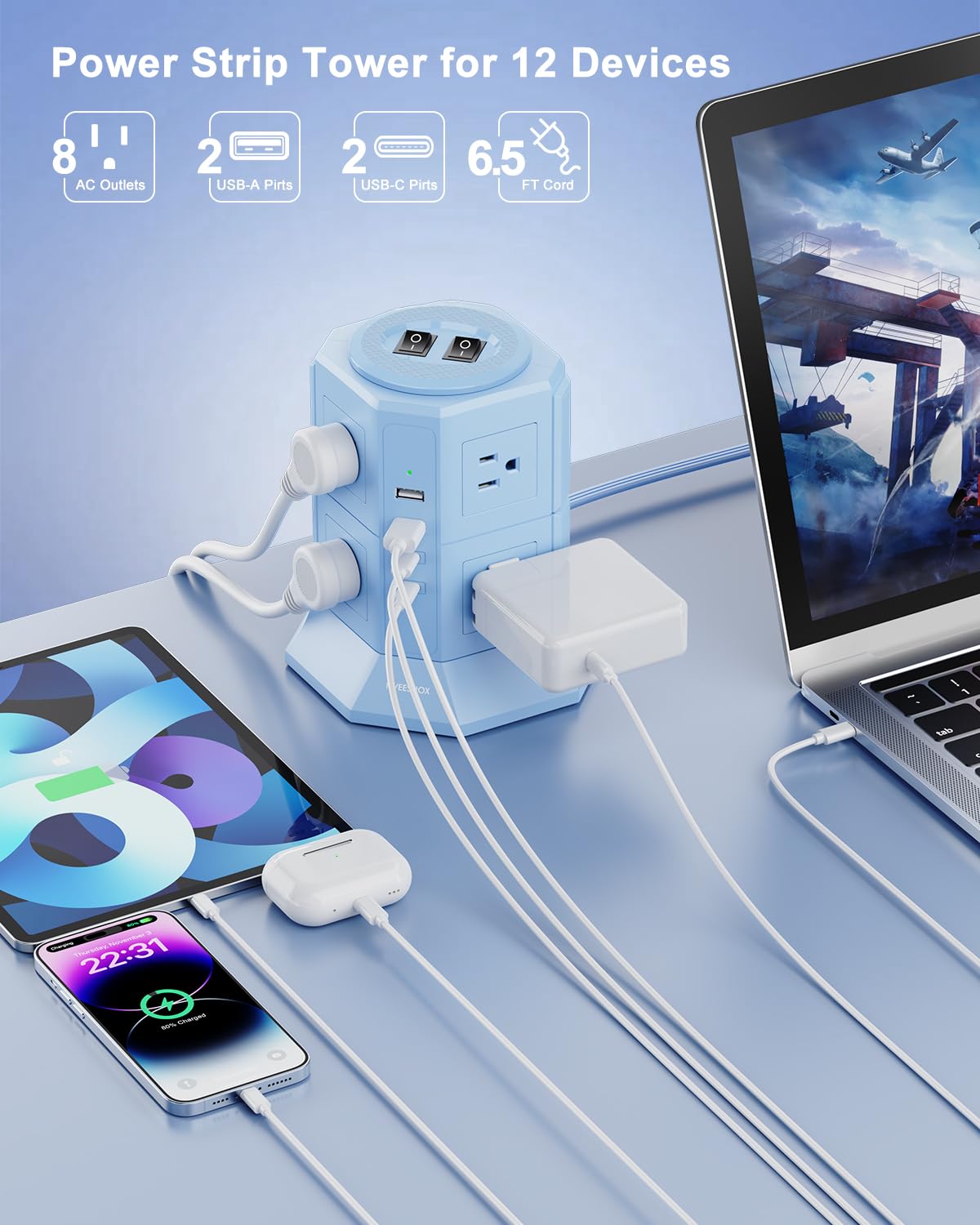 NVEESHOX close-up of AC outlets and USB ports highlighting easy access