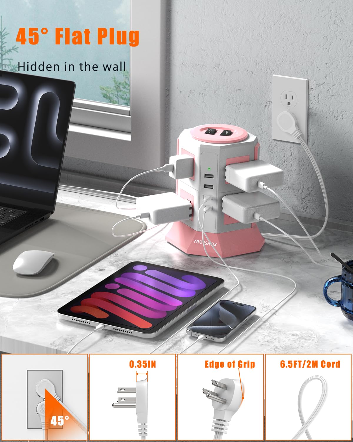 NVEESHOX ultra-flat 45° plug tucked behind sofa for space saving