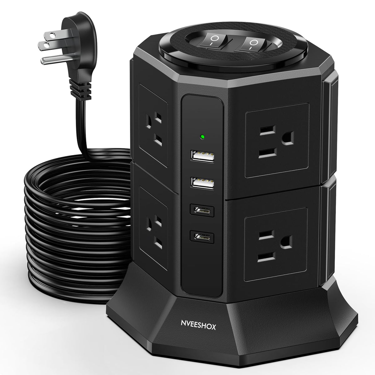 NVEESHOX front tower view showing all outlets and ports, tidy power solution