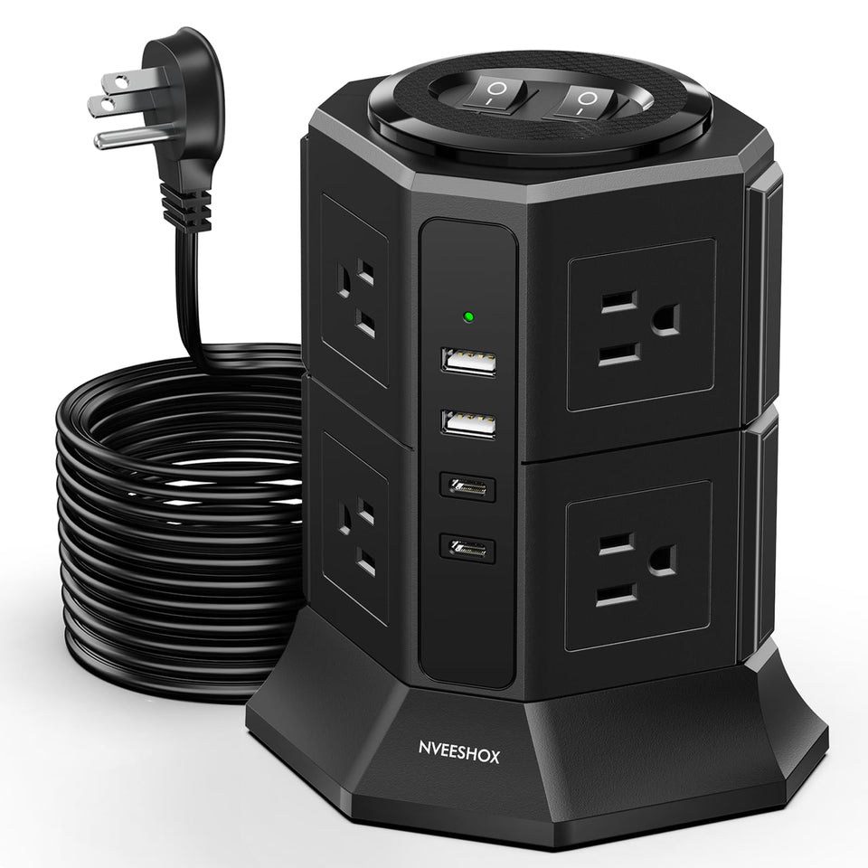 NVEESHOX front tower view showing all outlets and ports, tidy power solution