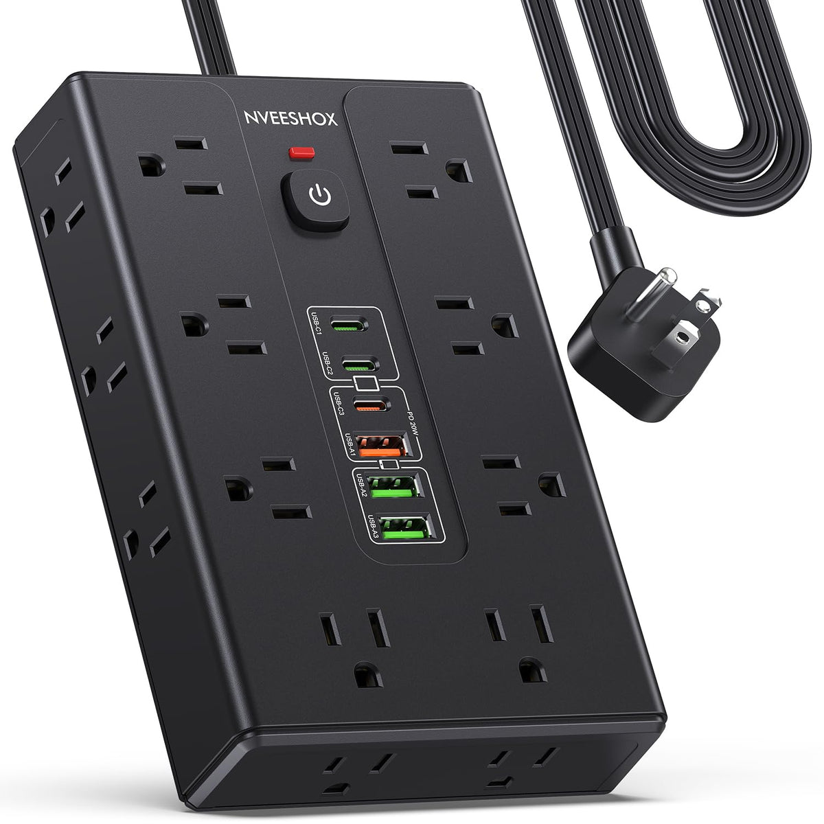 NVEESHOX front view showing 16 outlets and 6 USB ports for maximum device access