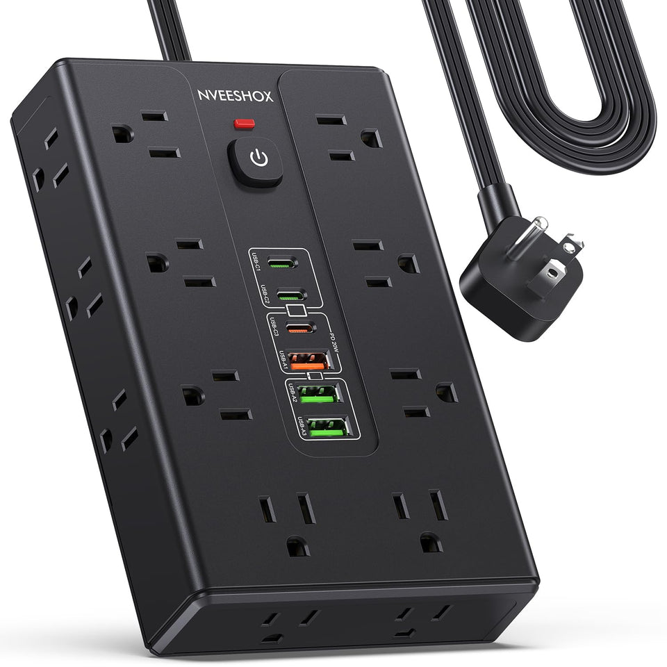 NVEESHOX front view showing 16 outlets and 6 USB ports for maximum device access