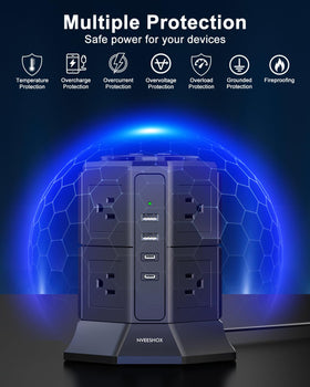 NVEESHOX tower on home desk powering laptop, monitor and accessories neatly