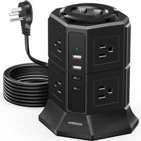 NVEESHOX tower front view showing vertical outlets and compact profile for organized power