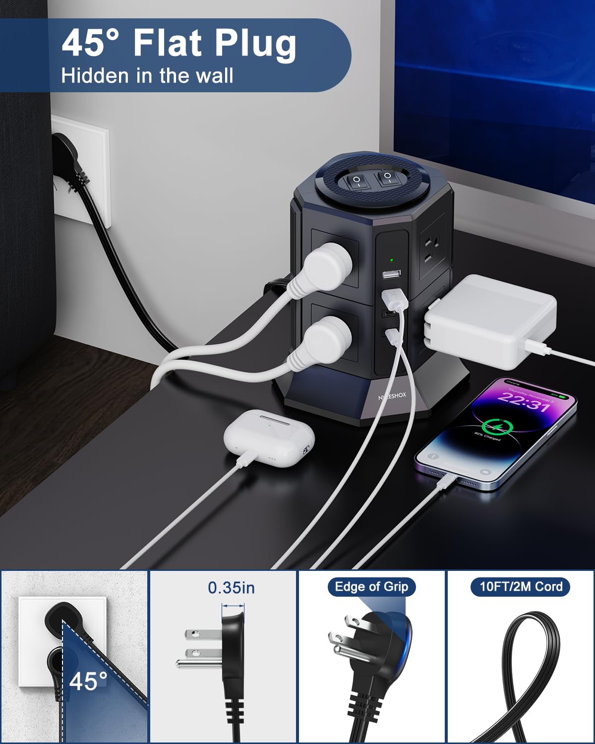 NVEESHOX detail of USB-A and USB-C ports for fast versatile charging