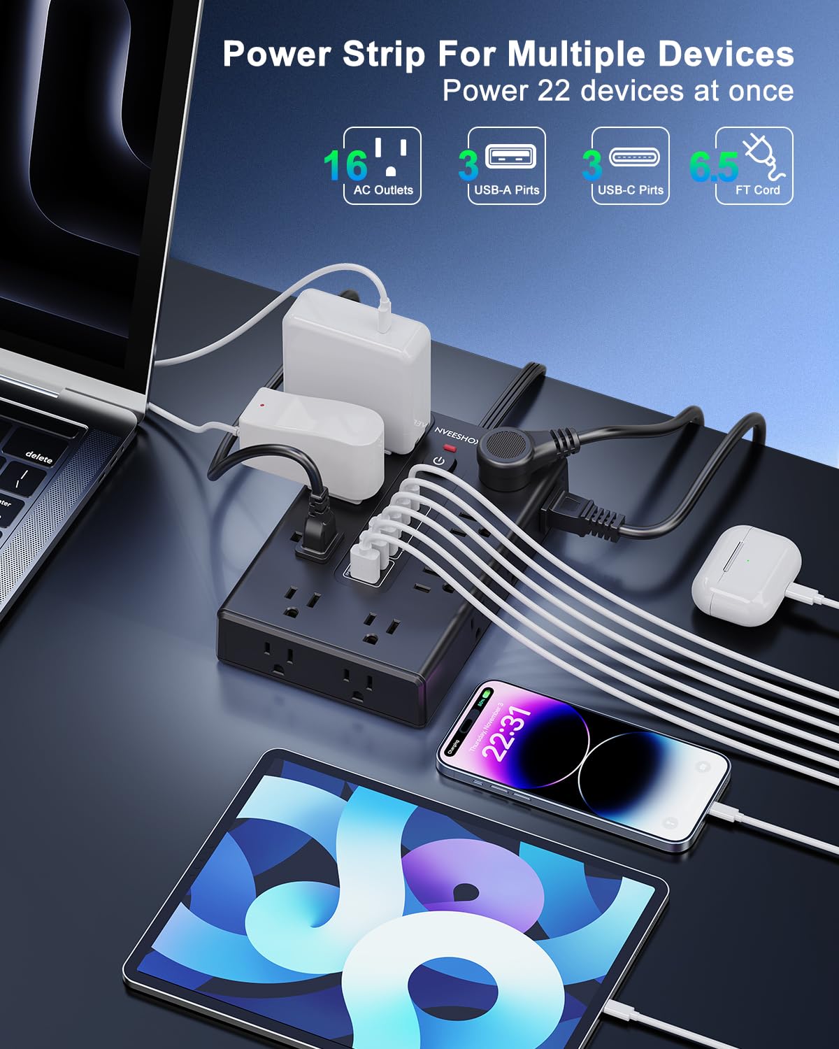 NVEESHOX closeup of wide outlet spacing preventing bulky plug interference