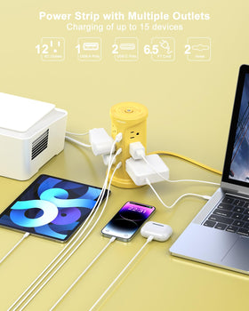 NVEESHOX tower power strip showing 12 AC ports and 3 USB ports for organized charging.