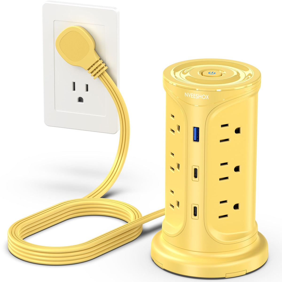 NVEESHOX tower power strip with flat plug and 6.5ft cord saves space behind furniture.