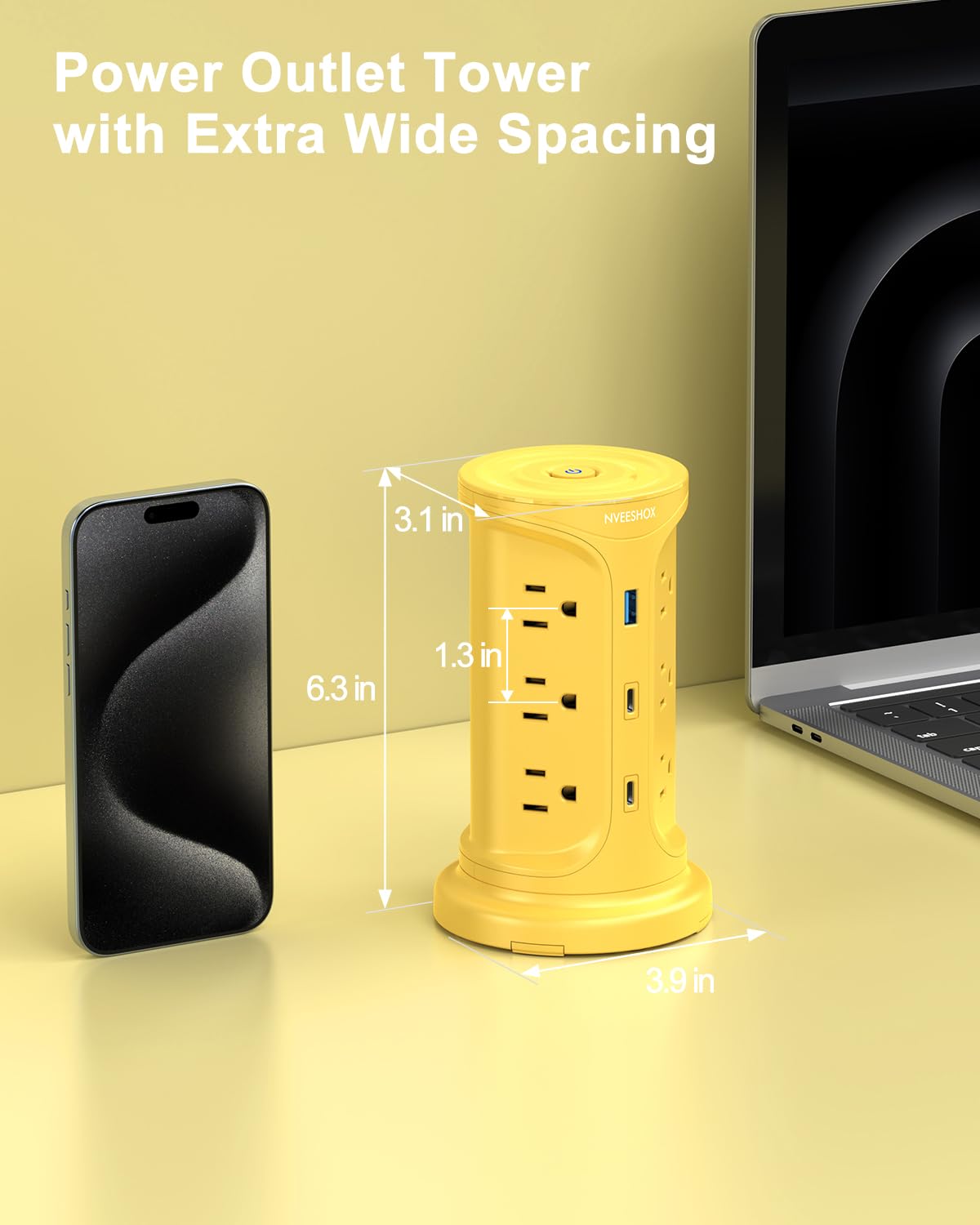 NVEESHOX power strip with a non-slip base ensures a stable arrangement.