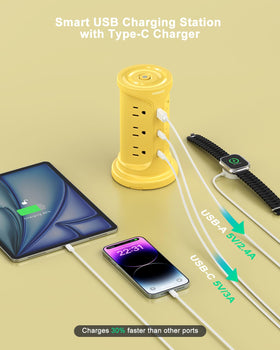 NVEESHOX tower power strip USB-C 3A and USB-A 2.4A provide fast device charging.