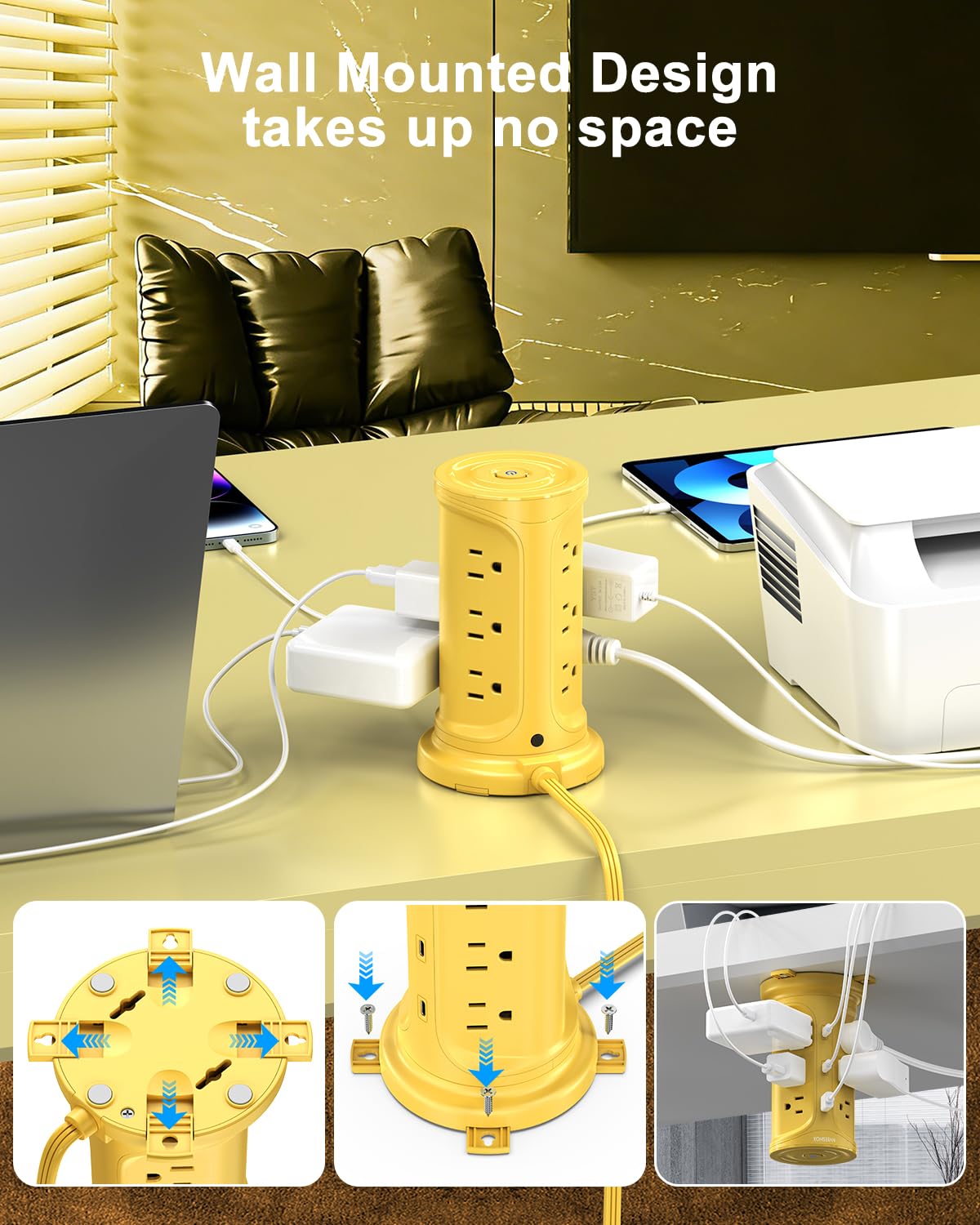NVEESHOX wall-mount friendly power strip for flexible placement and accessibility.