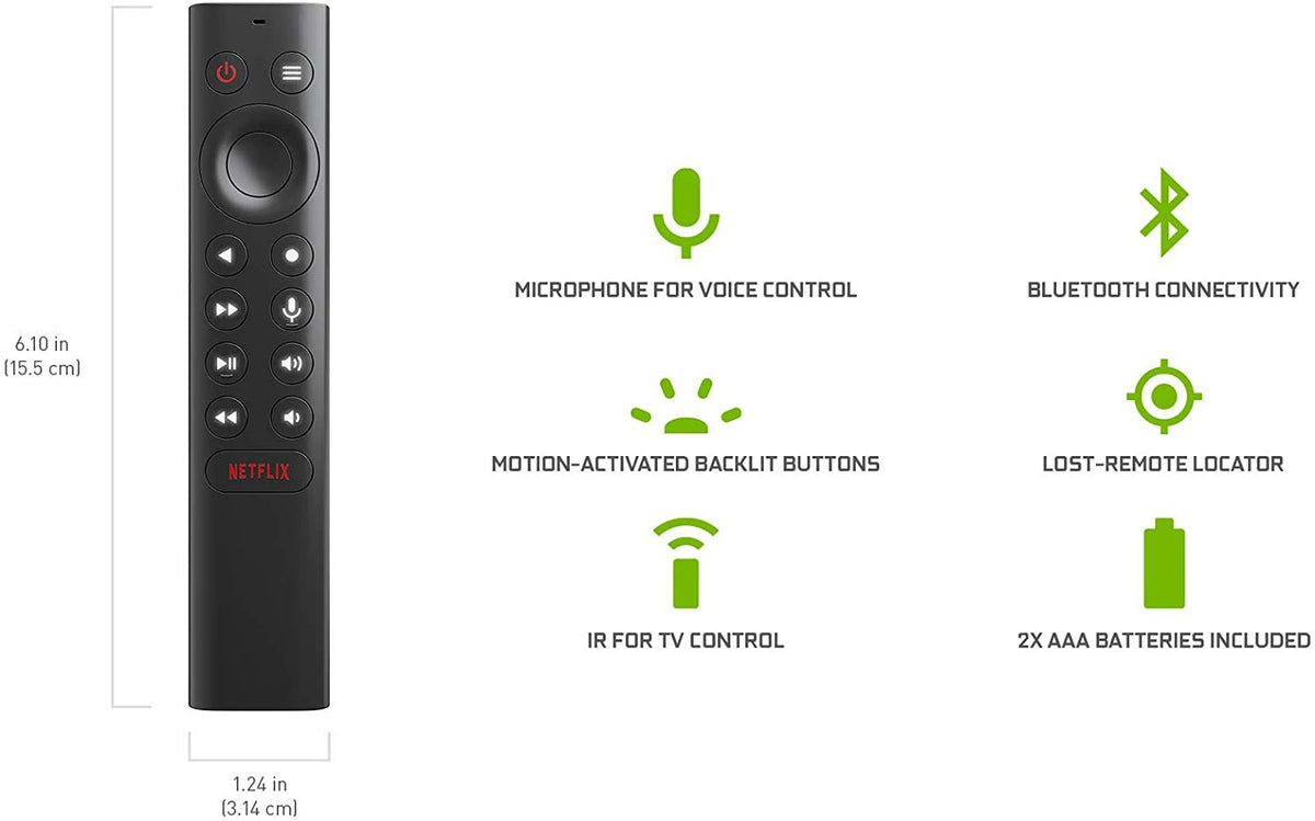 NVIDIA Shield TV Pro remote close-up showing voice control.