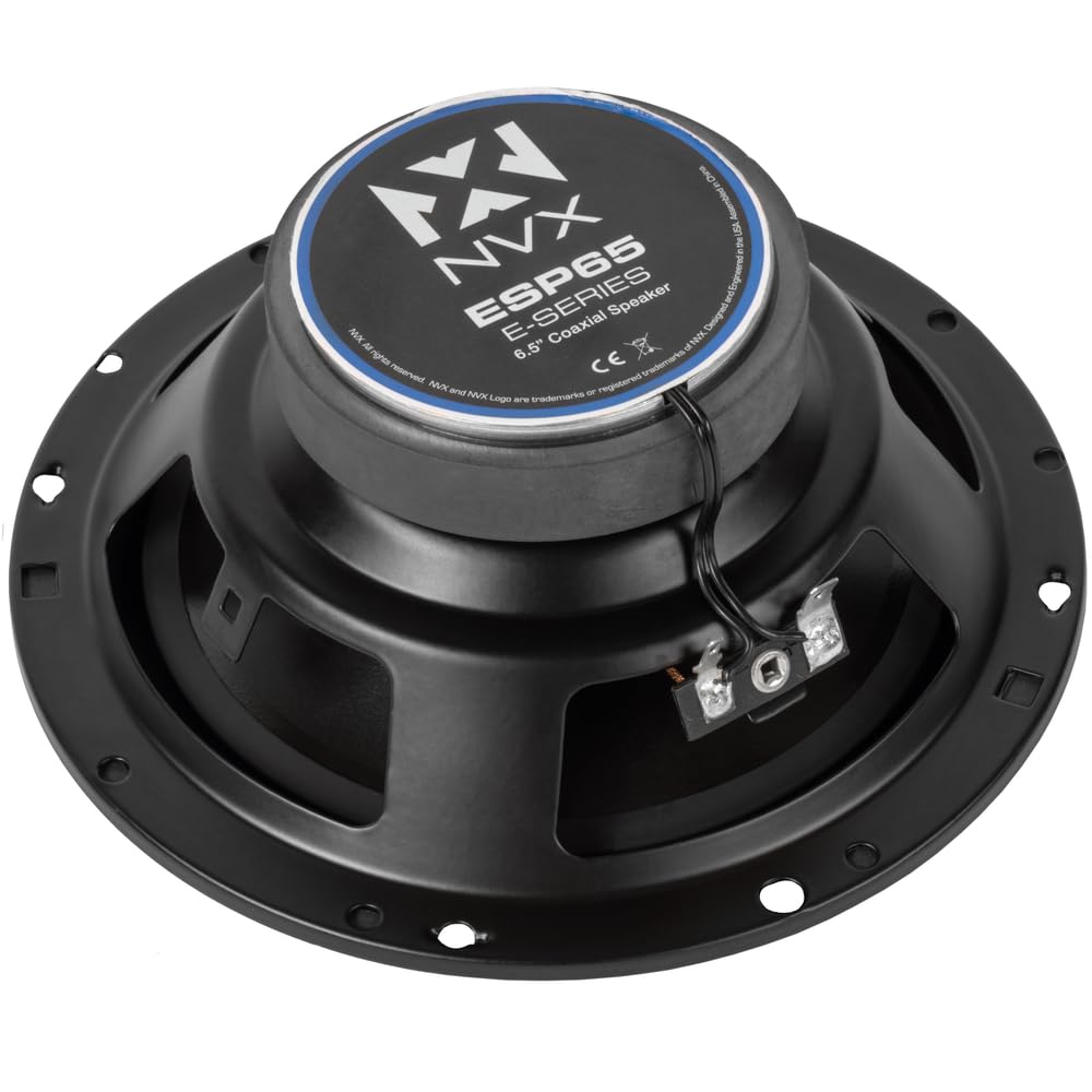 NVX ESP65 back magnet label showing power specs and reliability