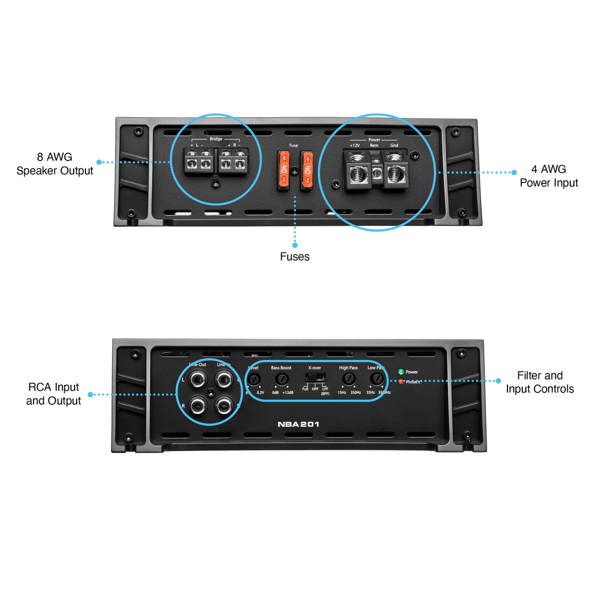 NVX NBA201 connection panel illustrating speaker and power wiring options.