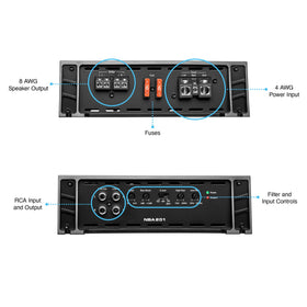 NVX NBA201 connection panel illustrating speaker and power wiring options.