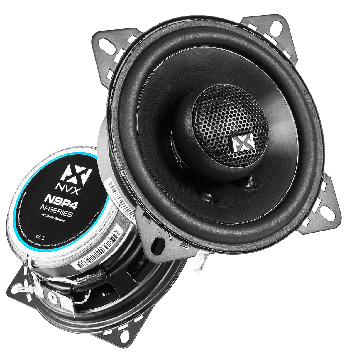 NVX front view of 4-inch speaker showing grille and frame for easy upgrades