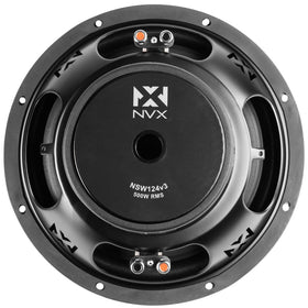 NVX NSW124v3 installed in a car trunk showing lifestyle fit and powerful in-car bass