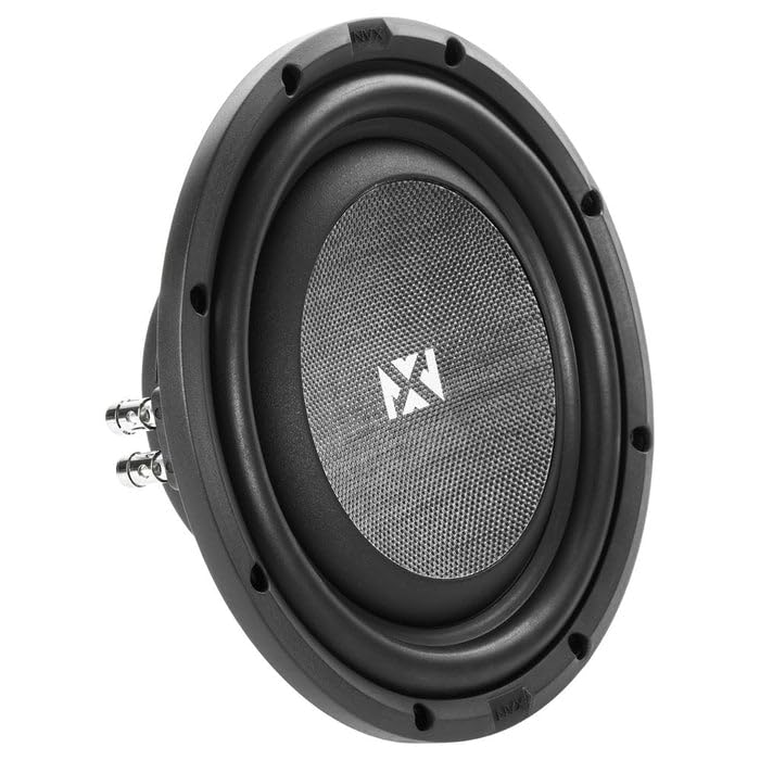 NVX SMW10D4 10-inch subwoofer front view shows compact depth for tight installs.