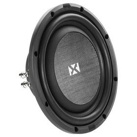 NVX SMW10D4 10-inch subwoofer front view shows compact depth for tight installs.